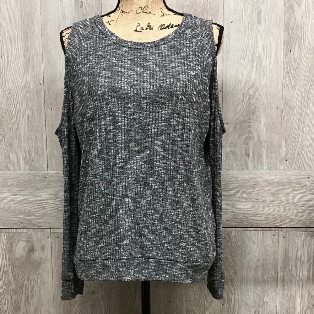 Gray Marled Cold Shoulder Long Sleeve Lightweight